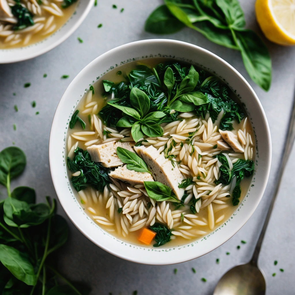 Steamy bowl of lemon chicken orzo soup topped with vibrant green spinach and a sprinkle of fresh parsley.