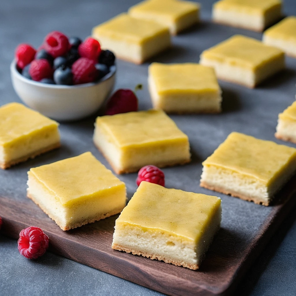 Golden shortbread squares topped with smooth yellow lemon curd and vibrant red berries arranged in a pattern.