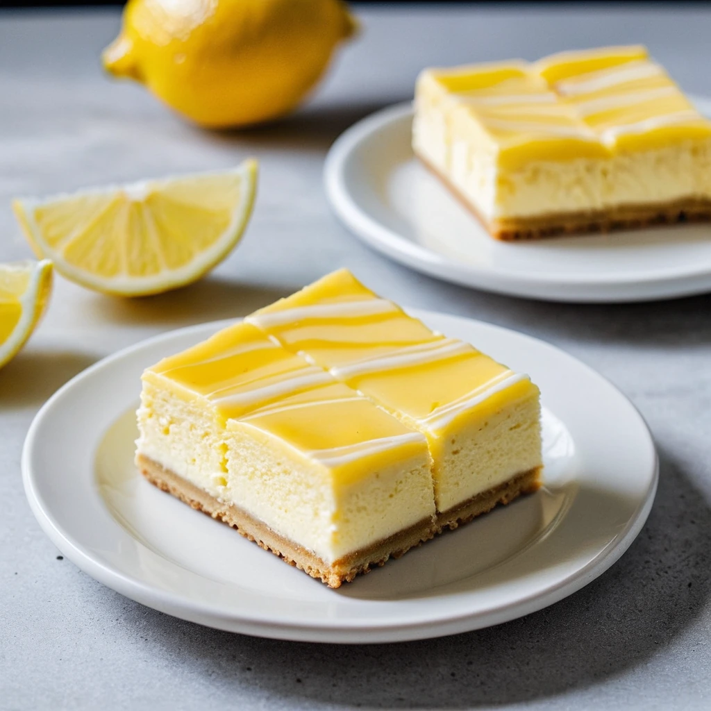 Golden cheesecake bars with swirls of vibrant yellow lemon curd on a white plate.
