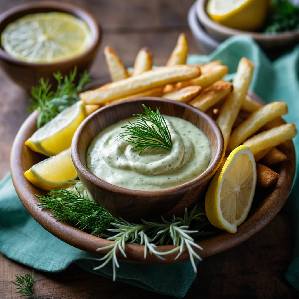Golden fries and flaky fish drizzled with vibrant green aioli in a rustic wooden bowl