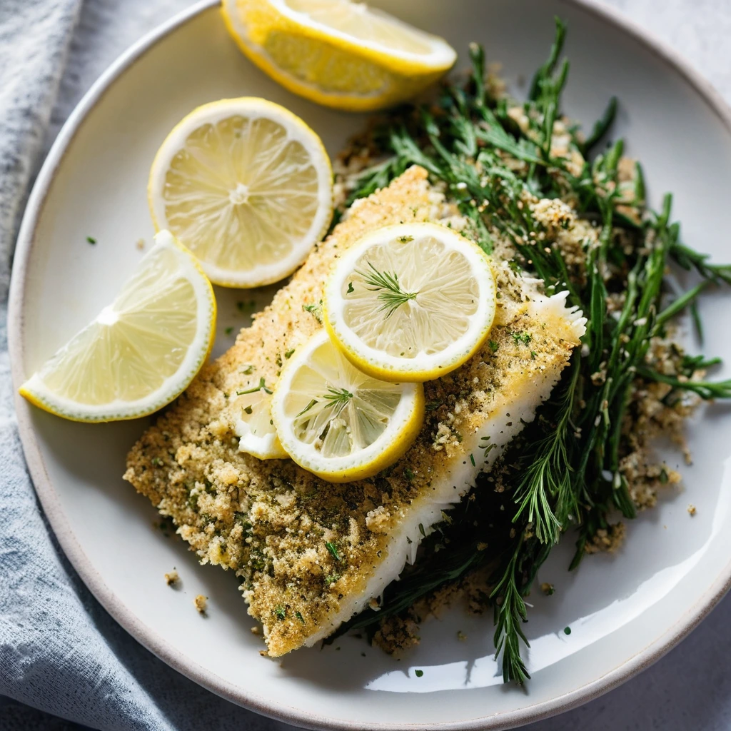Plated haddock fillets with golden breadcrumbs, lemon wedges, and sprigs of dill on a white dish.