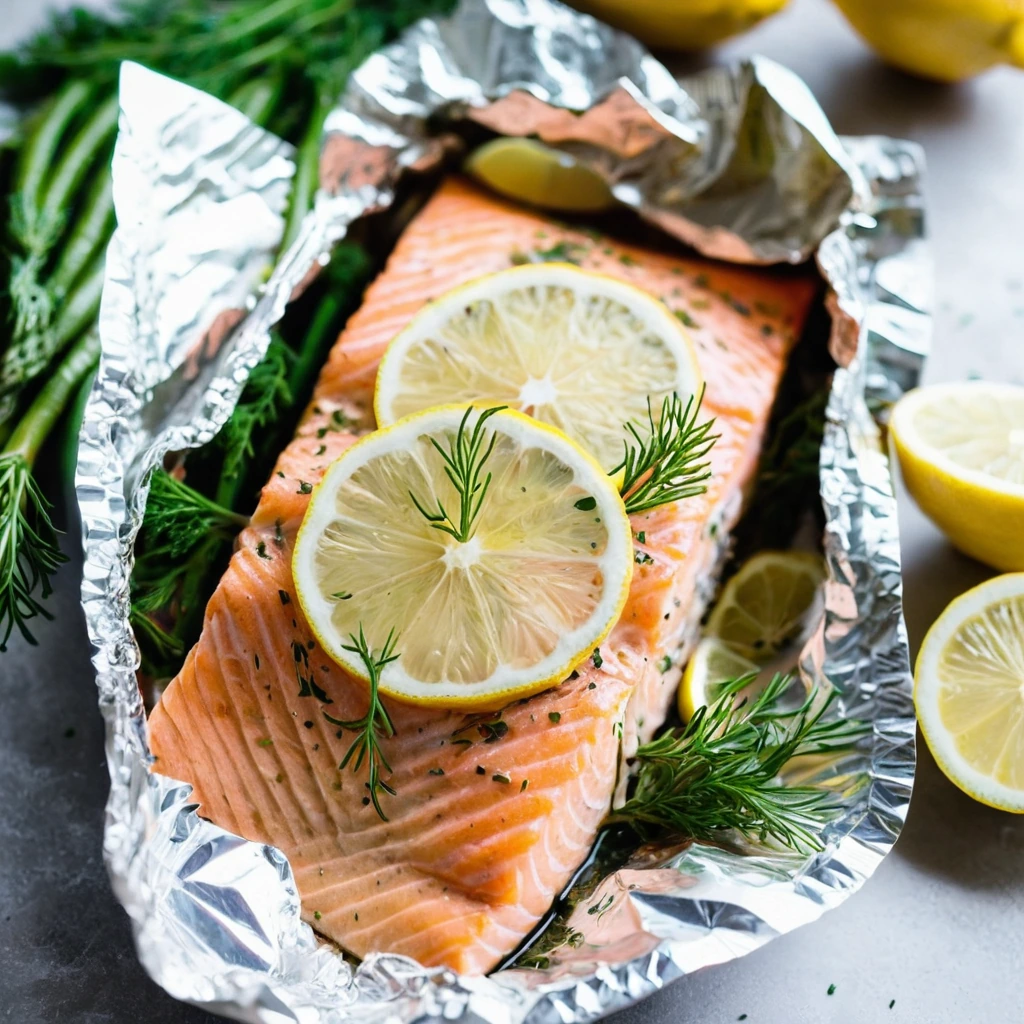Golden salmon fillet on a foil packet, garnished with fresh dill and lemon slices.