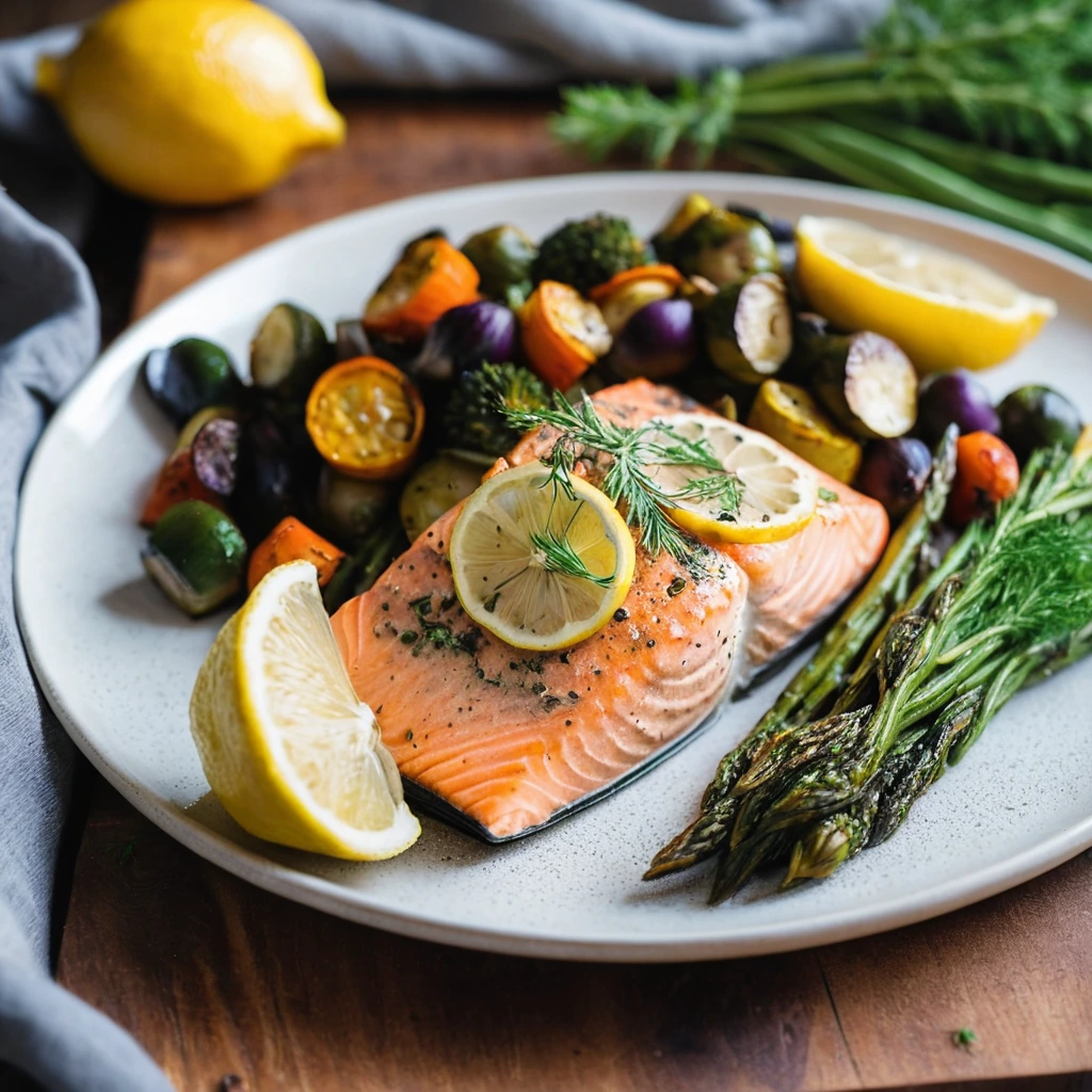 Plated salmon fillet with lemon slices and roasted colorful vegetables on a rustic wooden board.