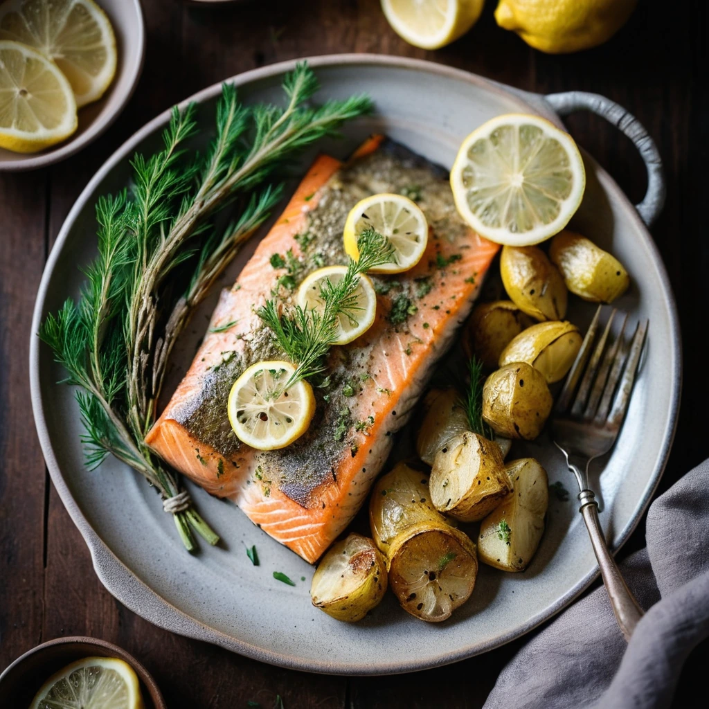 Two lemon-dill baked trout fillets served with golden roasted potatoes on a rustic wooden board.