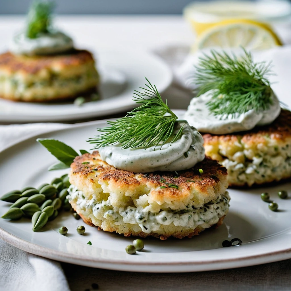 Golden brown fish cakes with green dill garnish on a white plate with a side of creamy caper mayo.