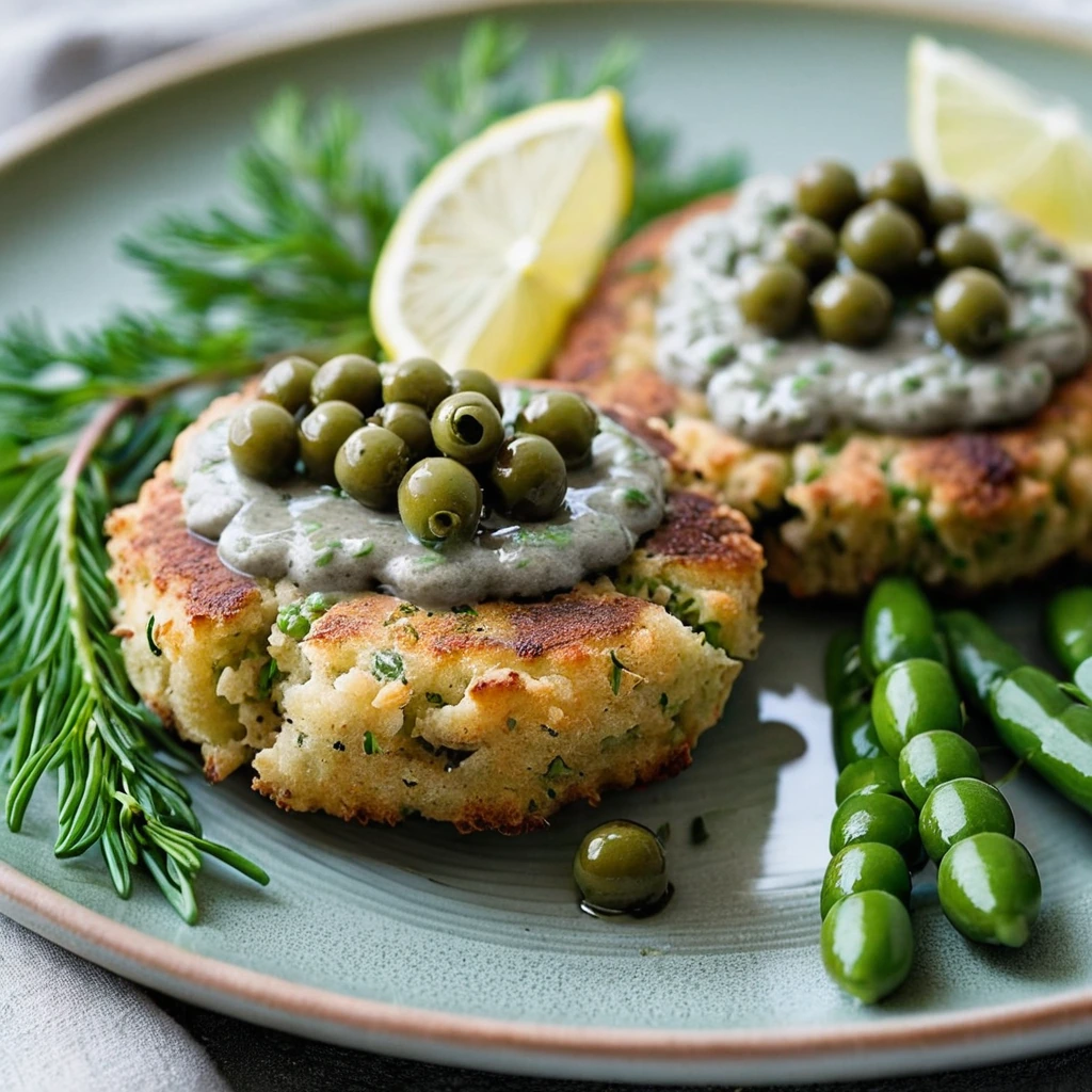 Golden brown tuna cakes on a plate with a drizzle of green caper sauce and fresh dill sprigs.