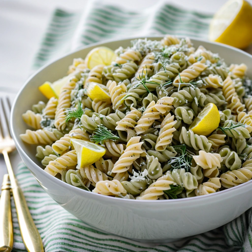 A bowl of yellow pasta salad with green dill and white tuna chunks