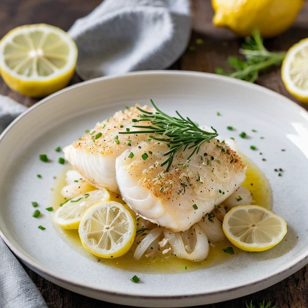 A plated serving of Lemon Garlic Baked Cod