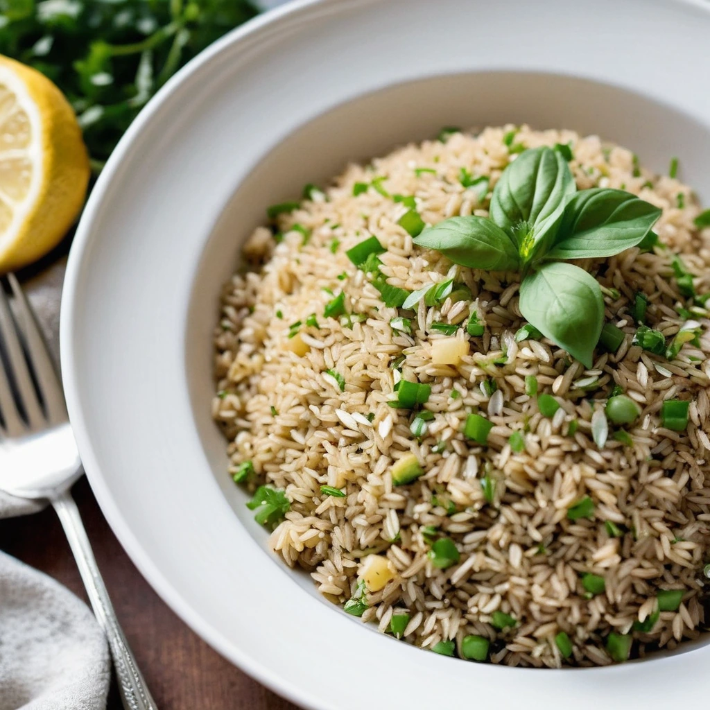 Golden brown rice pilaf in a white serving bowl with green parsley garnish and a drizzle of lemon butter.