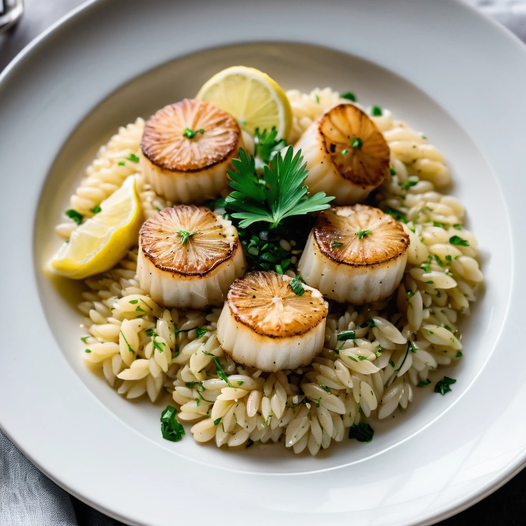 Golden orzo pasta topped with seared scallops in a glossy lemon garlic sauce, garnished with parsley on a white plate.