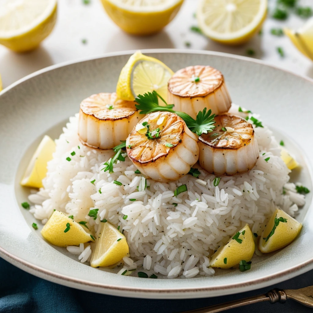 Lemon Garlic Butter Scallops over Rice