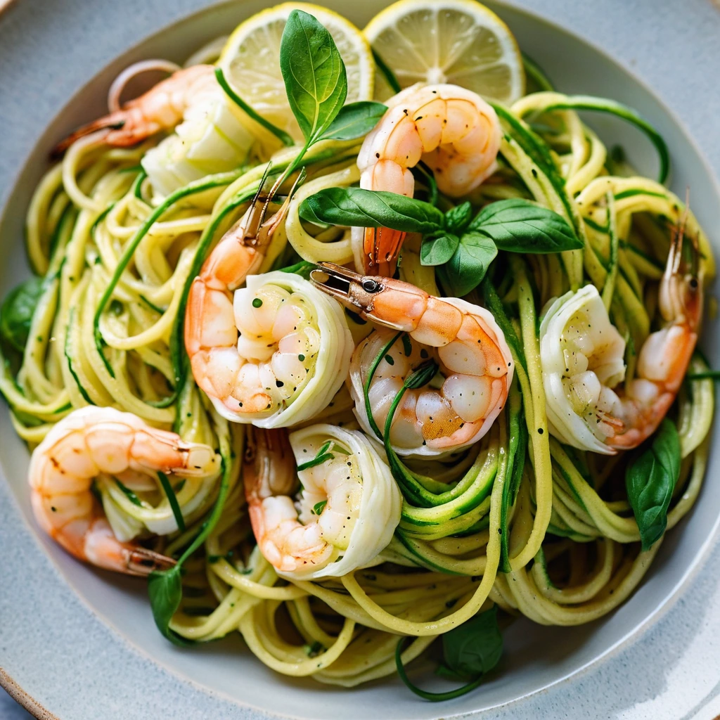 Plump shrimp and golden zucchini noodles twirled together in a vibrant lemon sauce.