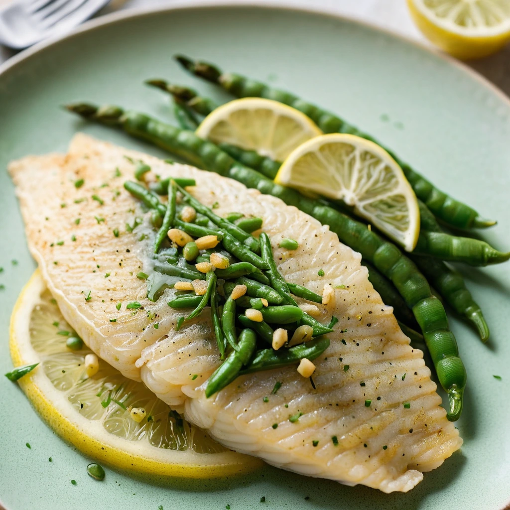 Two lemon-topped tilapia fillets on a bed of vibrant green beans, drizzled with golden garlic butter.