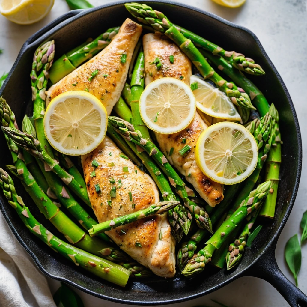 Golden chicken pieces nestled among vibrant green asparagus in a sunny skillet with lemon wedges scattered around.
