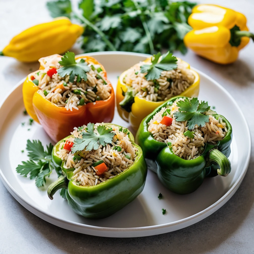 Four halved bell peppers stuffed with yellow rice and chicken, drizzled with lemon juice and garnished with parsley.