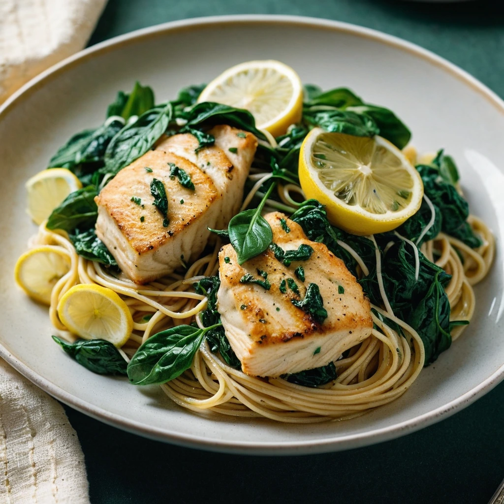 Golden chicken pieces over spaghetti with vibrant green spinach, drizzled with lemon sauce.