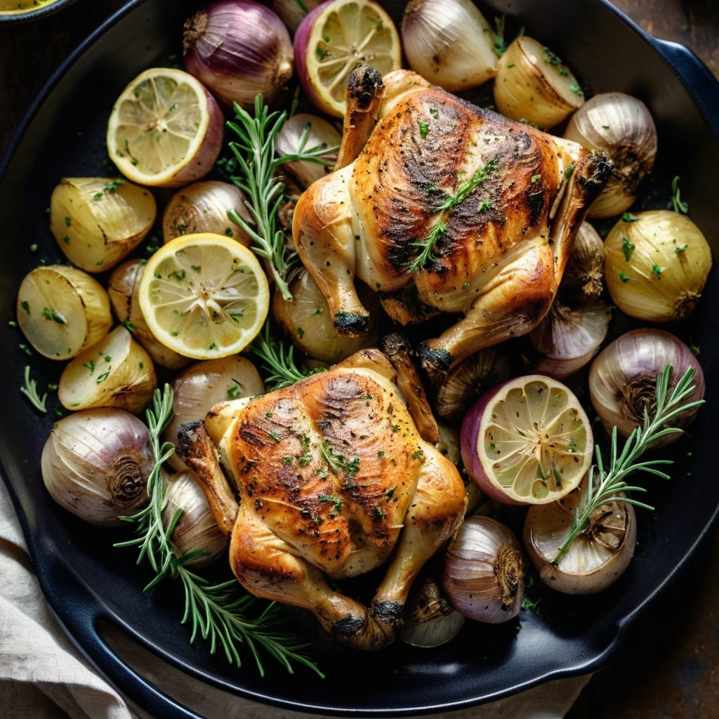 golden roasted chicken thighs and herbed potatoes on a baking sheet