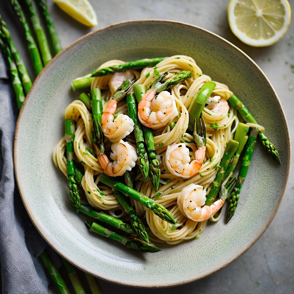 Golden shrimp and vibrant green asparagus tangled with pasta in a glossy lemon sauce, served in a rustic bowl.