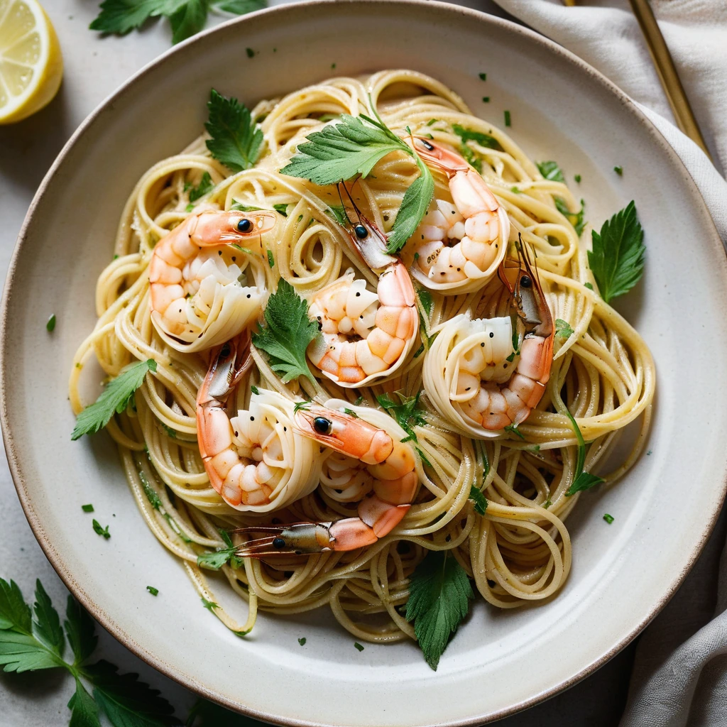 Golden shrimp tangled in spaghetti with lemon slices and fresh parsley scattered over top.