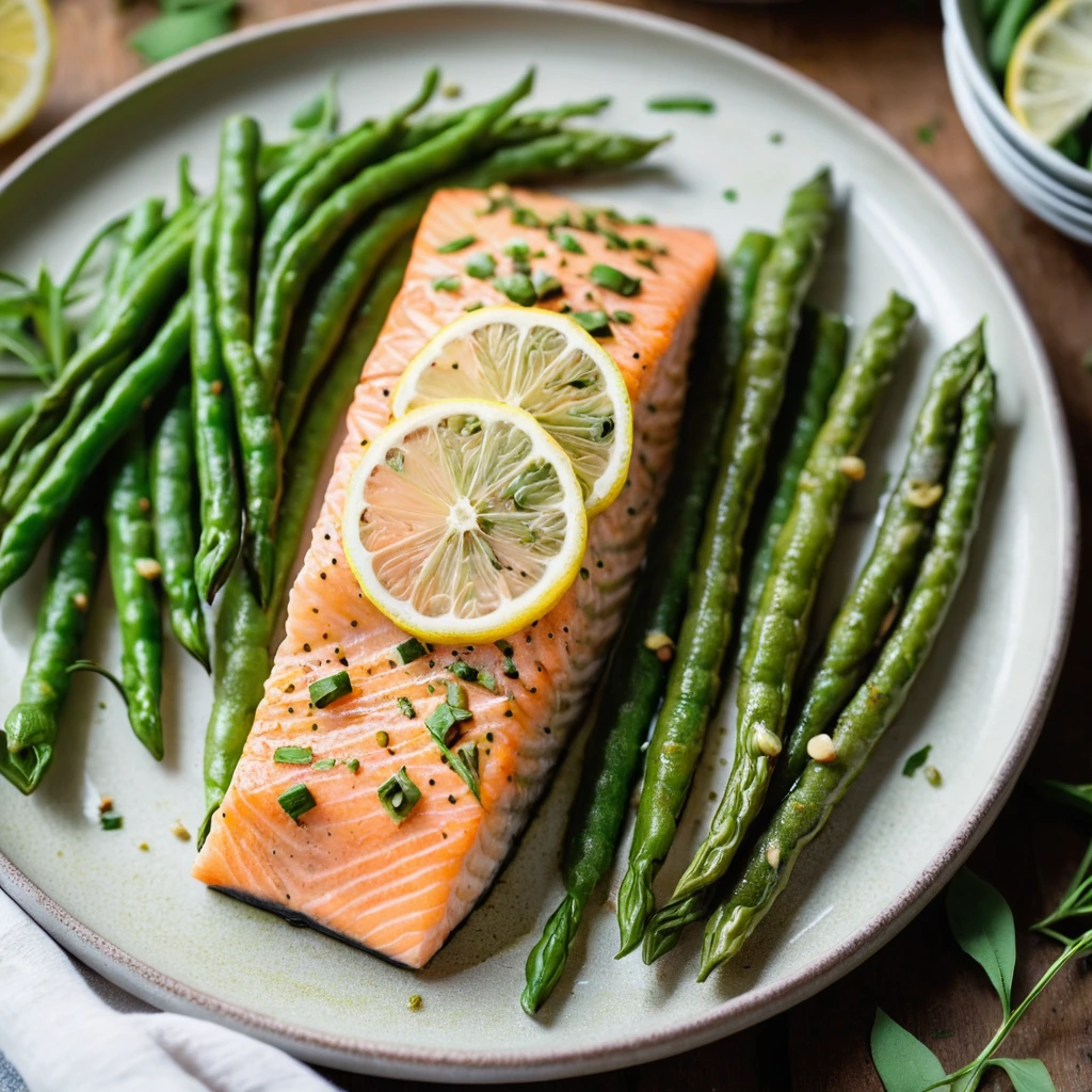 Plated salmon fillet with green beans, vibrant green and golden hues from lemon and herbs.