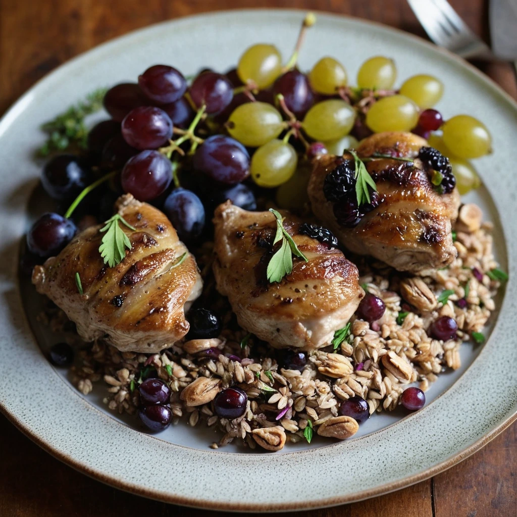 Plump chicken thighs nestled among golden farro and jewel-toned roasted grapes on a rustic platter.