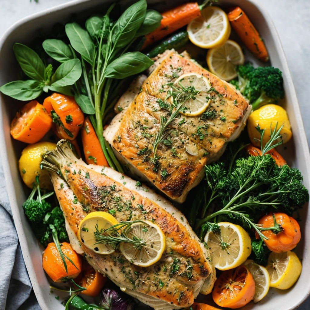 Golden chicken pieces nestled among roasted carrots, zucchini, and bell peppers, drizzled with lemony sauce and sprinkled with fresh herbs.