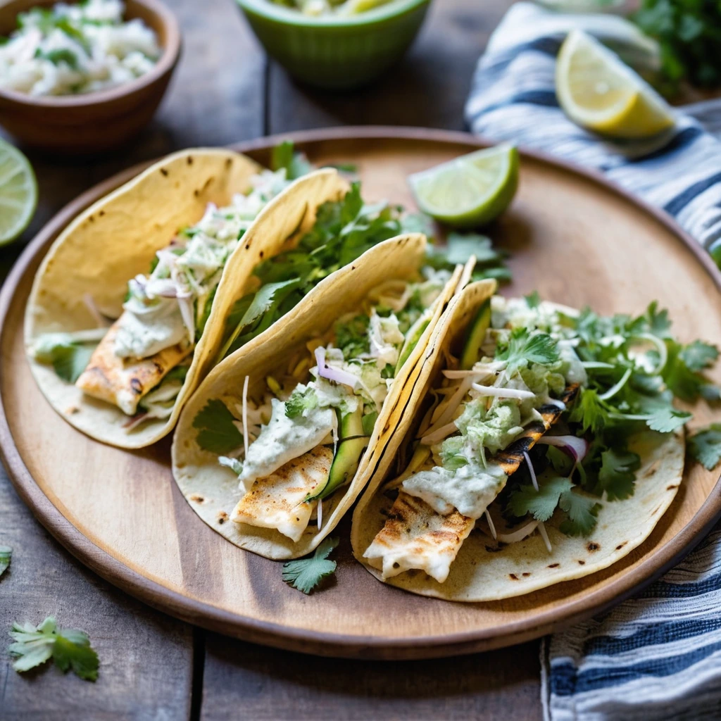 Colorful fish tacos in corn tortillas with vibrant green slaw on a rustic wooden board.