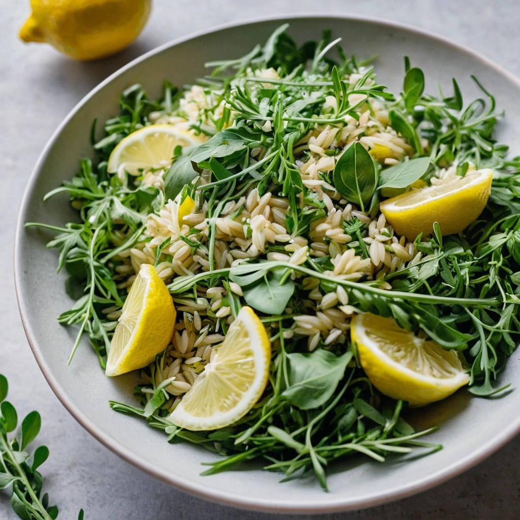 Colorful salad with green arugula, golden orzo, and lemon zest scattered on top