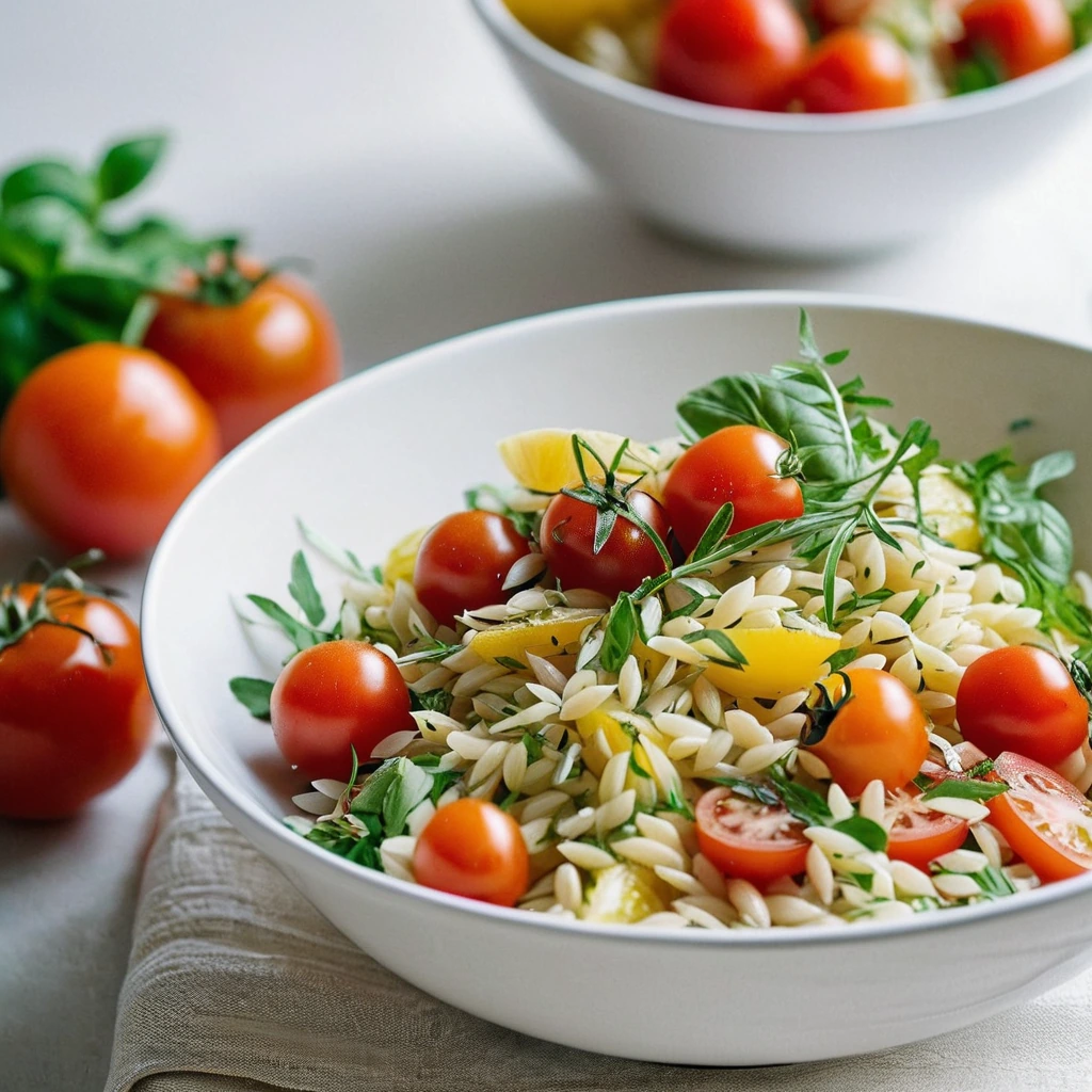 colorful salad with golden orzo, red cherry tomatoes, and fresh herbs served in a shallow white bowl
