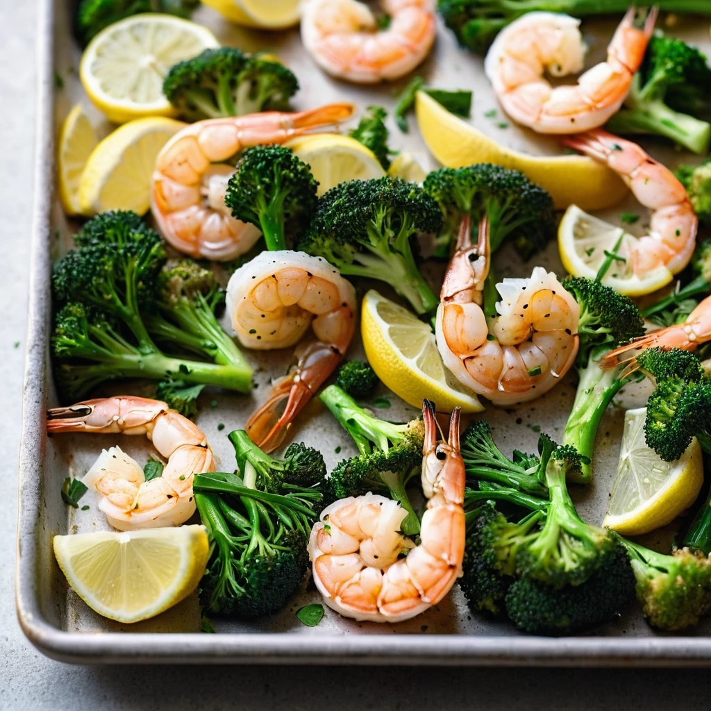 Colorful shrimp and broccoli roasted to perfection on a sheet pan, drizzled with lemon.