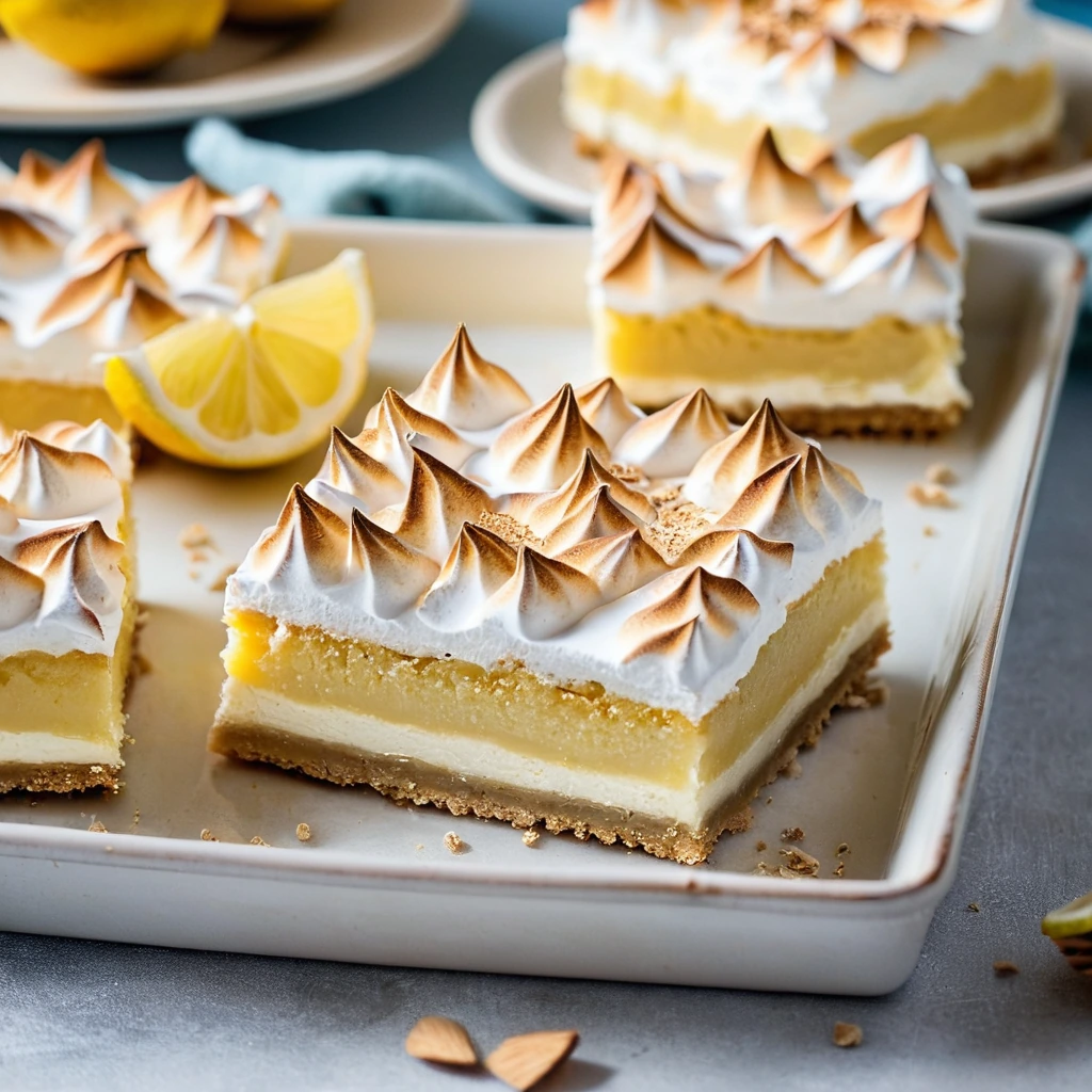Golden lemon bars in a square pan with a graham cracker crust and toasted meringue peaks.