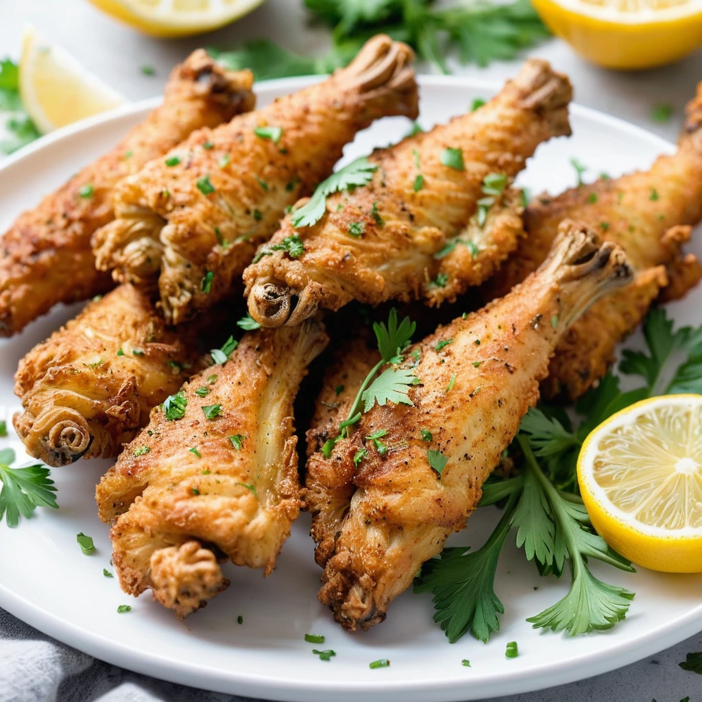 Golden crispy chicken wings in a lemon pepper seasoning served on a white plate with fresh parsley garnish.