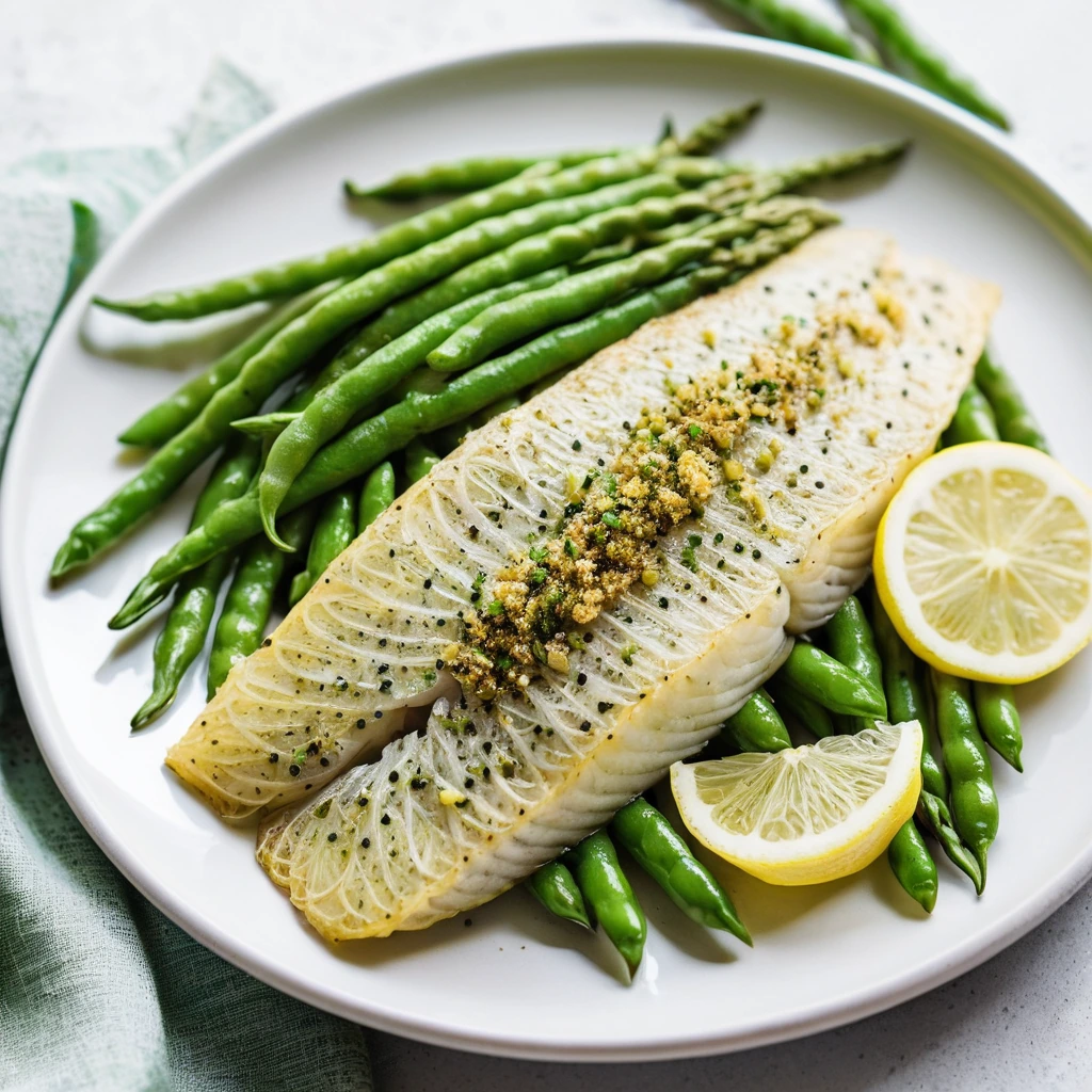 Golden tilapia fillets alongside vibrant green beans on a white plate, garnished with lemon slices.