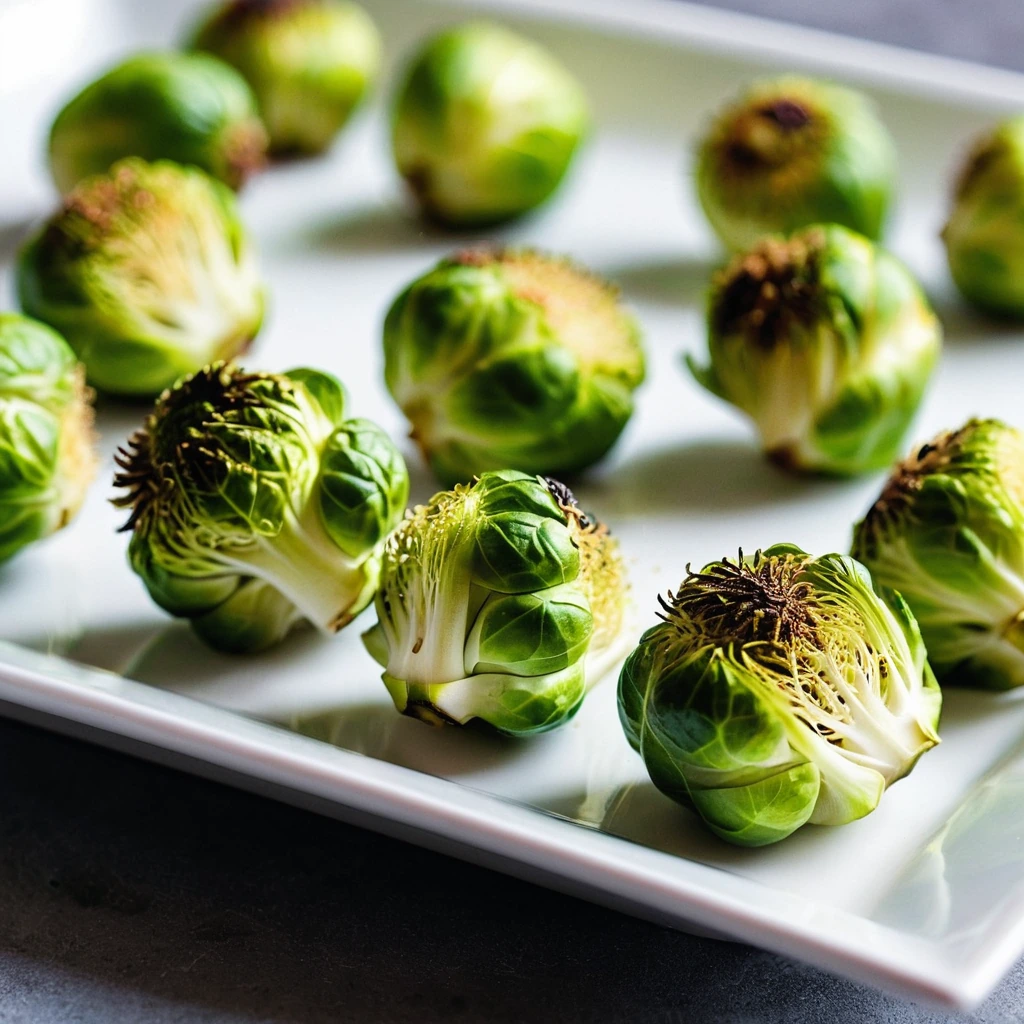 Golden roasted Brussels sprouts bites in a lemon pepper seasoning on a white plate