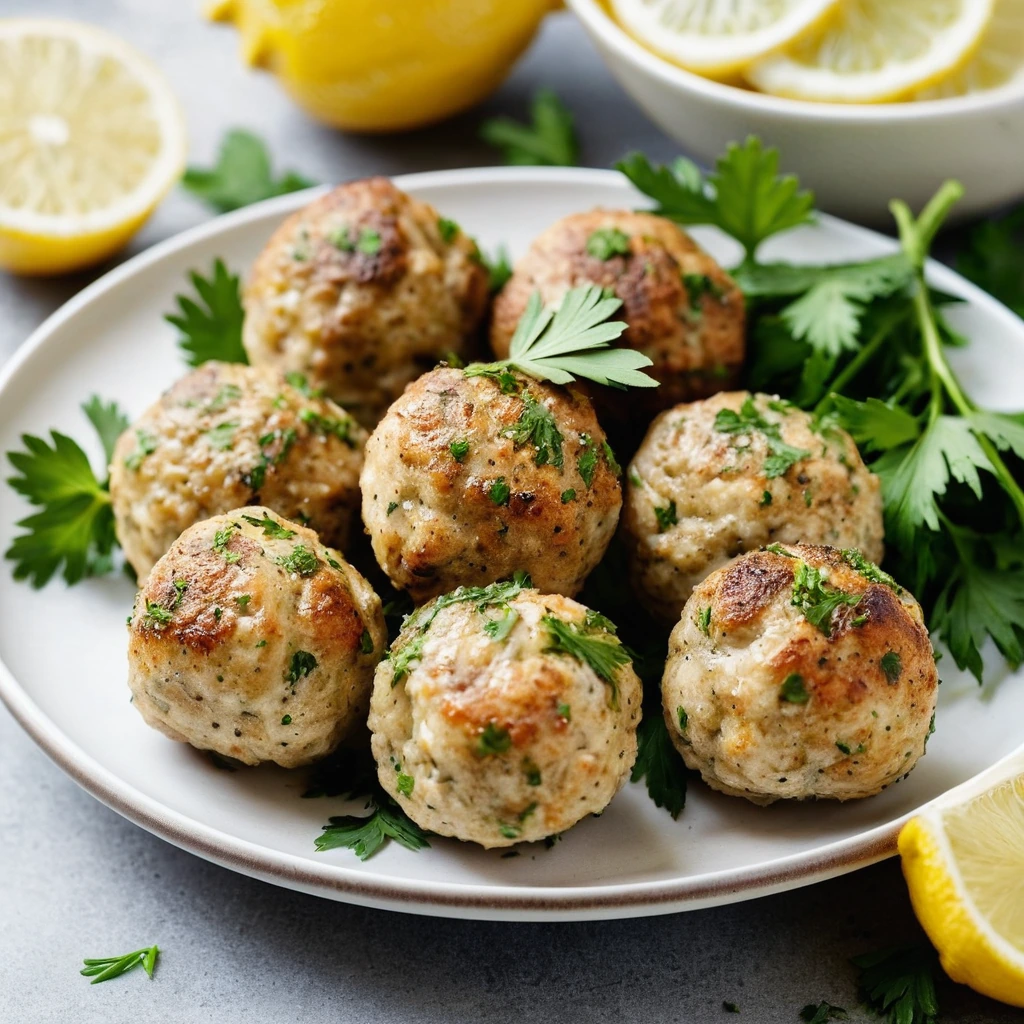 Golden brown chicken meatballs on a platter garnished with fresh parsley and lemon wedges