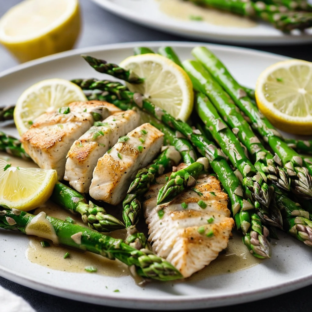 Colorful skillet with golden chicken pieces and vibrant green asparagus drizzled with lemon sauce.