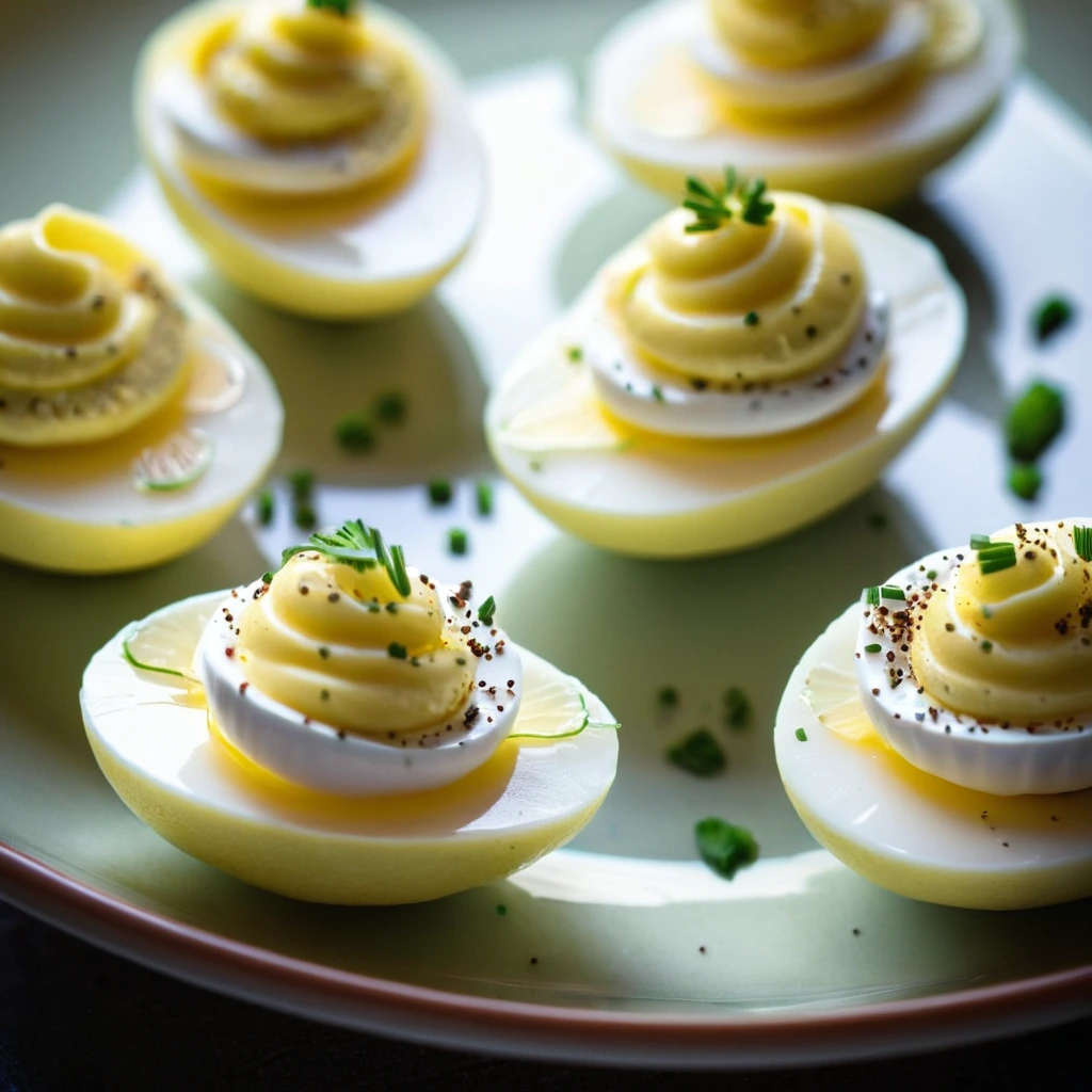 Platter of halved deviled eggs with yellow filling and a sprinkle of lemon pepper.