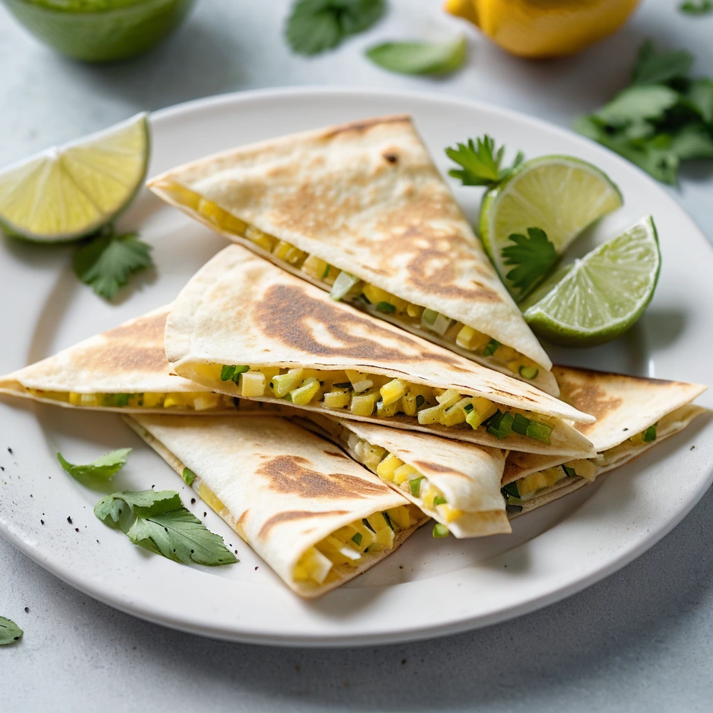 Golden quesadilla wedges sprinkled with lemon pepper, fanned out on a white plate with a dusting of green cilantro.