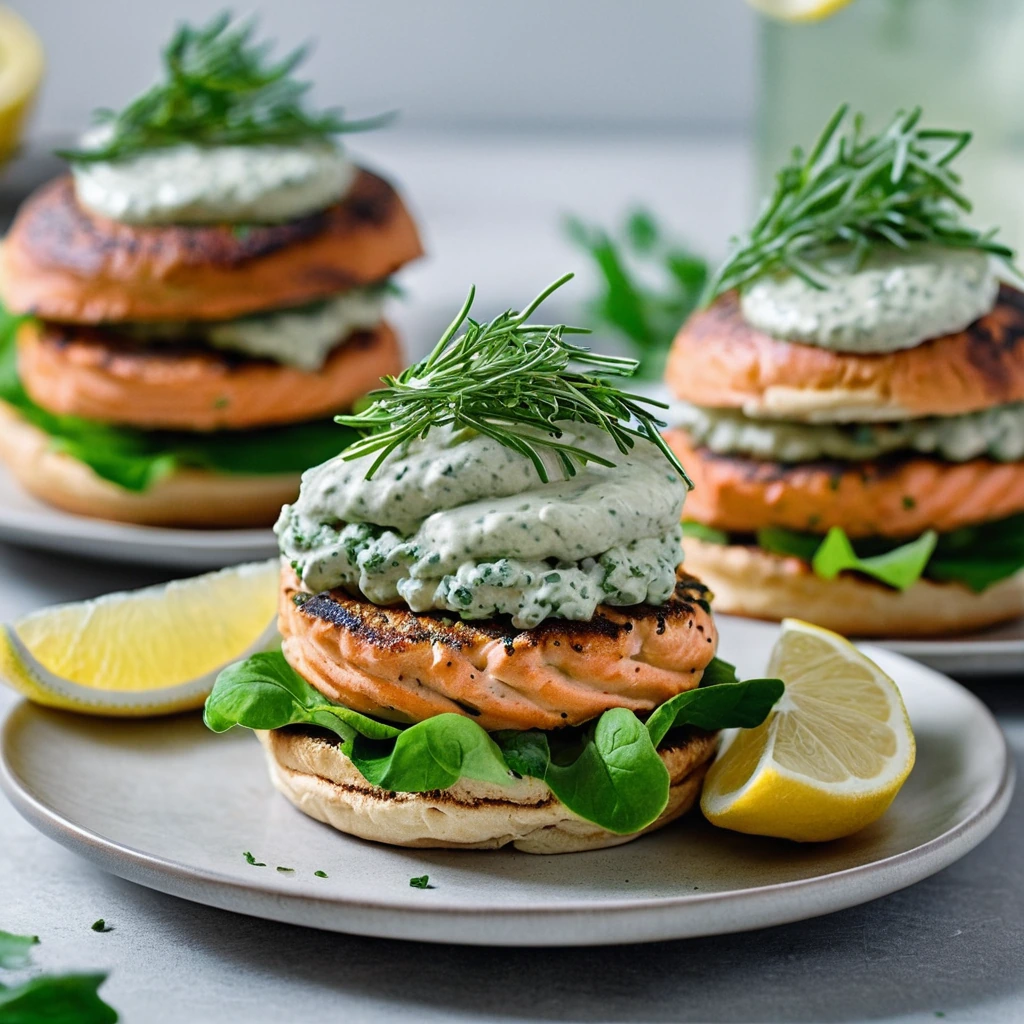 Golden salmon burgers on plates with a swirl of green herb mayo