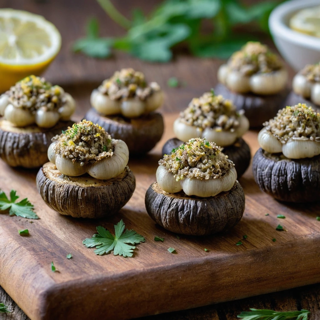 Golden brown mushrooms stuffed with creamy lemon pepper mixture arranged on a rustic wooden board.