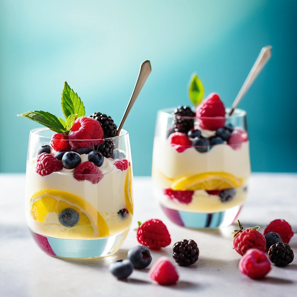 Glass parfait glasses filled with layers of lemon yogurt and fresh raspberries, topped with whole berries.