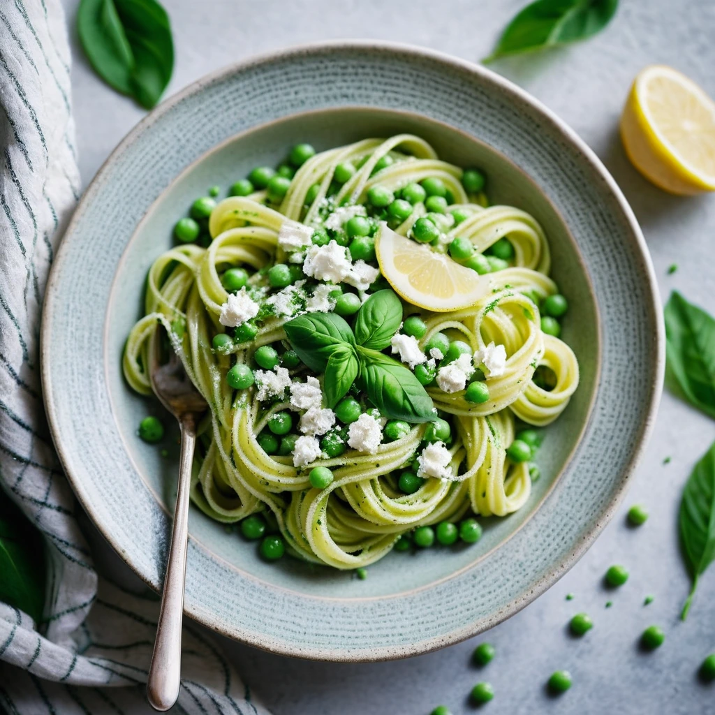 Bowls of vibrant green pasta topped with ricotta, peas, and lemon zest, garnished with fresh basil leaves.