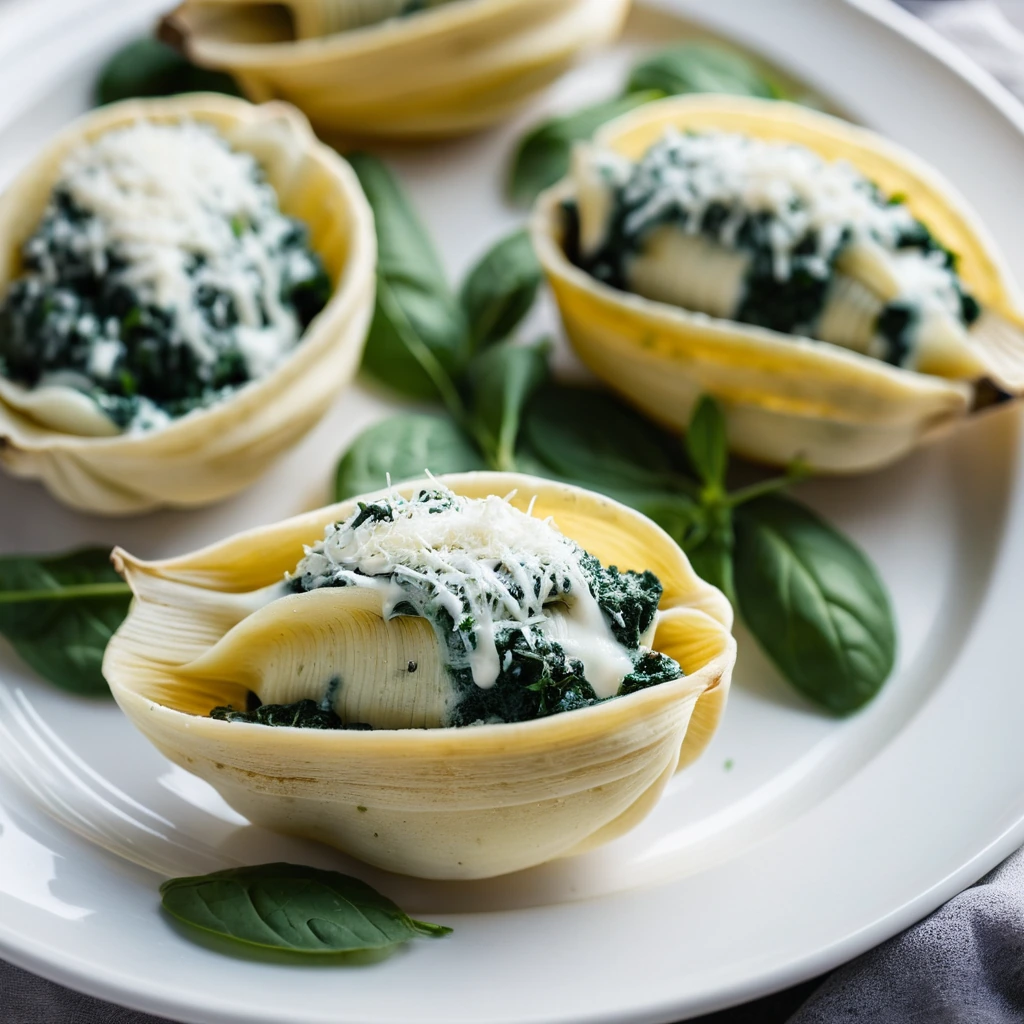 Baked jumbo shells filled with a vibrant green spinach and ricotta mixture, topped with melted mozzarella and a sprinkle of parsley.