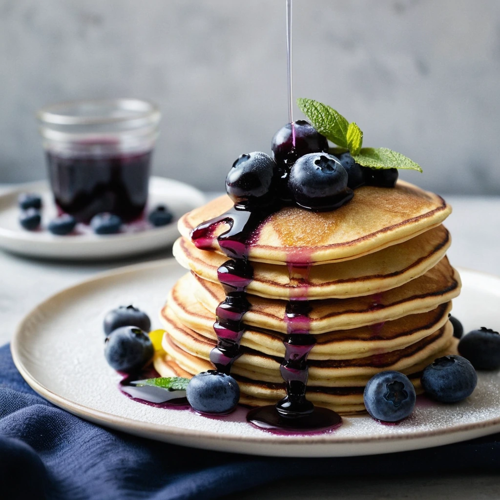 Stack of golden pancakes with lemon zest drizzled with thick blueberry compote on a white plate.
