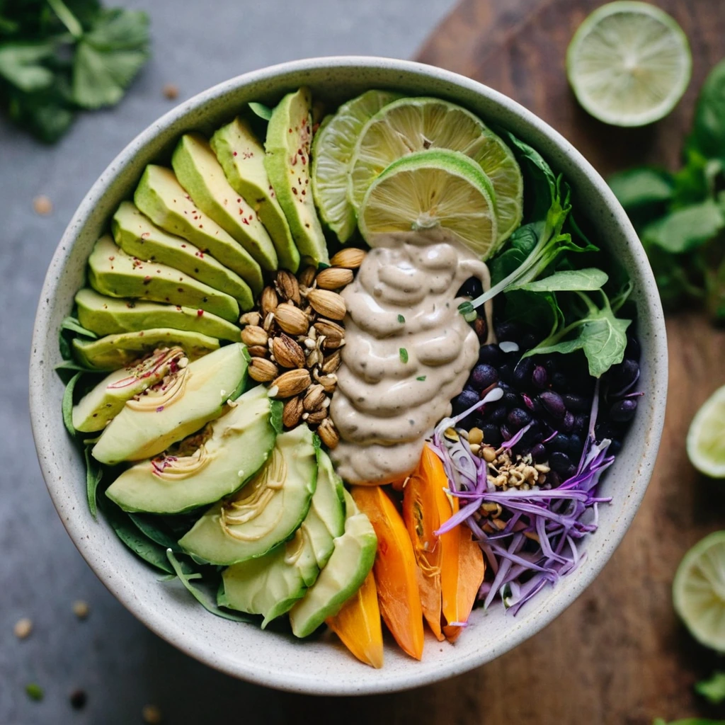 A bowl filled with colorful veggies drizzled with a golden tahini dressing