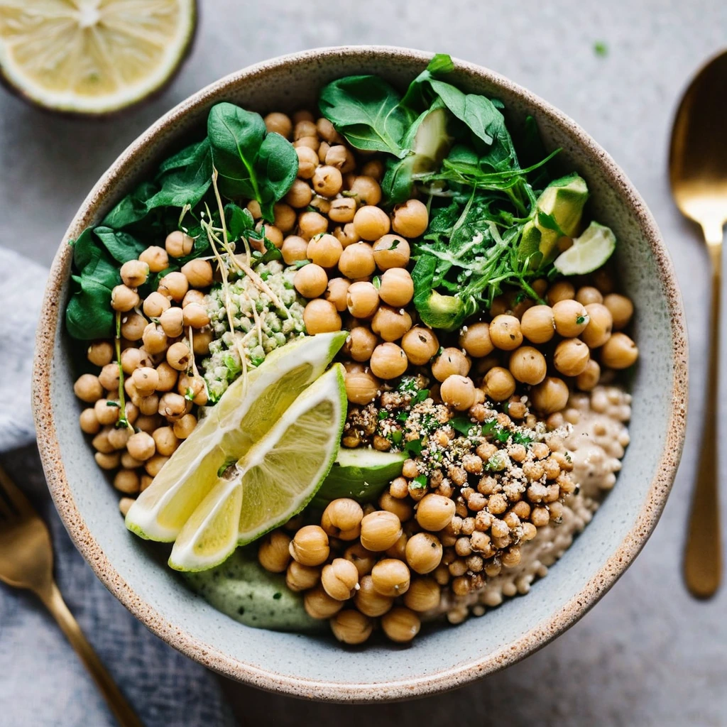 Colorful grain bowl with fluffy quinoa, chickpeas, and a drizzle of golden tahini sauce