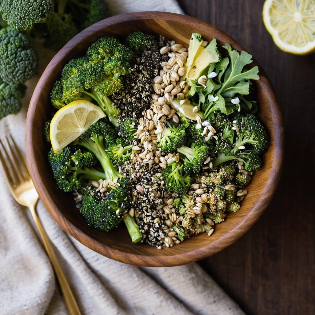 Vibrant grain bowl with roasted broccoli, quinoa, and drizzled tahini dressing in a wooden bowl.