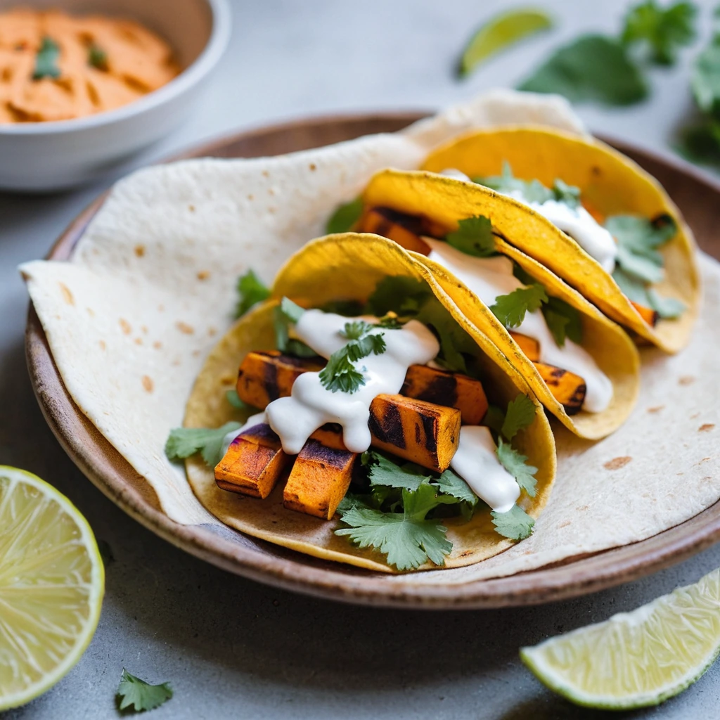 Warm corn tortillas filled with roasted sweet potato cubes, drizzled with a creamy lemon-tahini sauce, garnished with fresh cilantro.