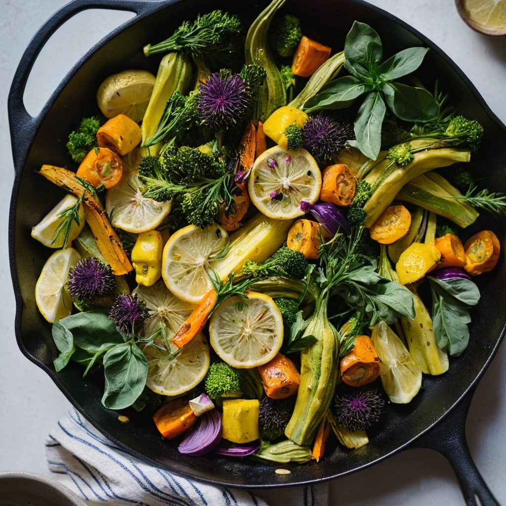 Colorful roasted vegetables in a skillet with a drizzle of golden sauce.