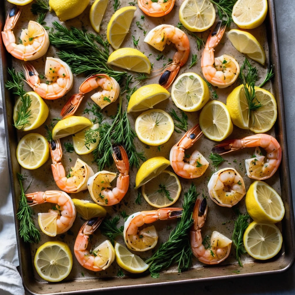 Golden shrimp and crispy potatoes on a sheet pan with lemon slices and fresh thyme sprigs.